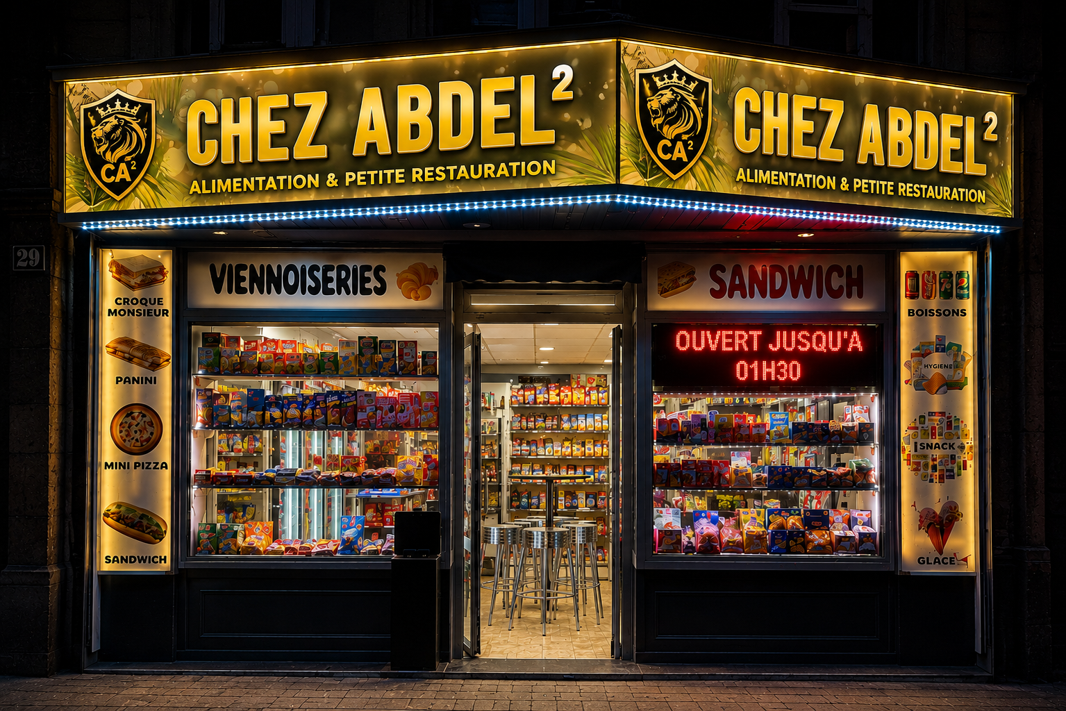 Devanture de Chez Abdel² de nuit