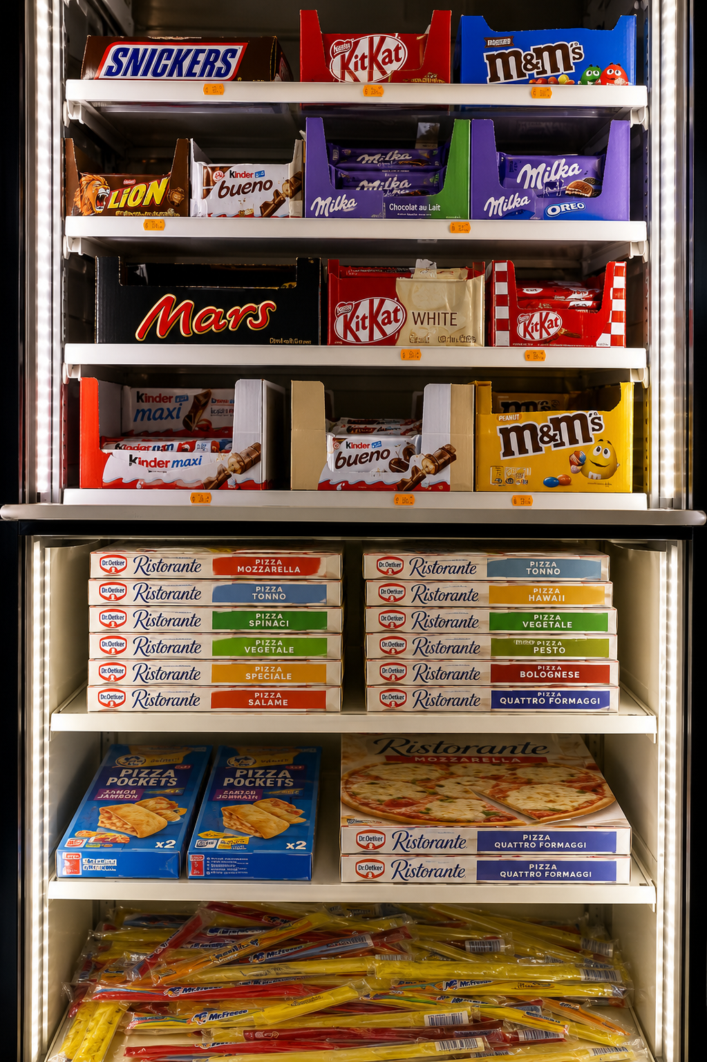 Frigo pizzas, chocolats et snacks
